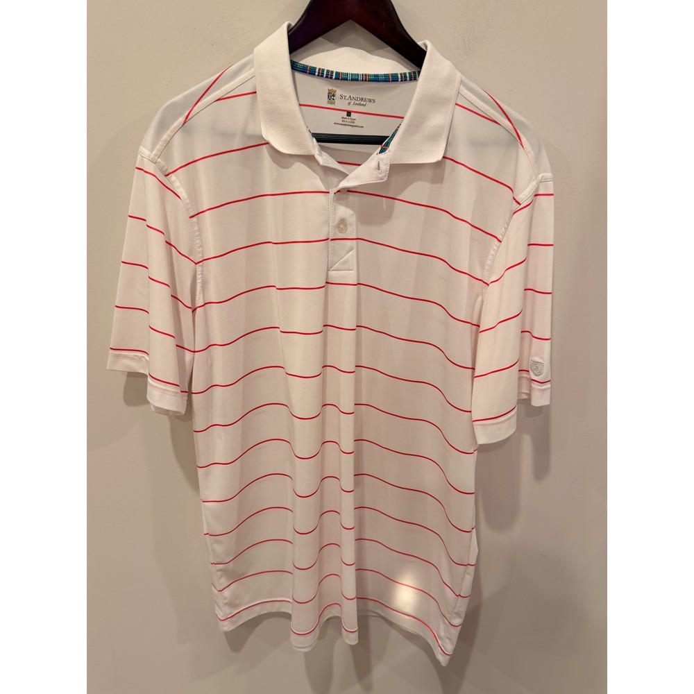 St. Andrews of Scotland Mens XL Polo Shirt White Red Striped Golf‎ Performance